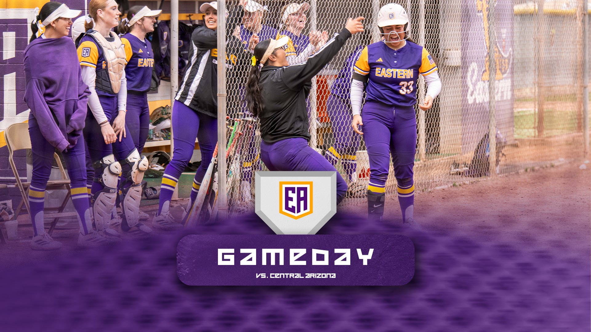 Digital flyer for Eastern Arizona College softball. The flyer shows the EAC softball team celebrating in the dugout while their team is batting. Players are smiling, clapping, and leaning up against the fence as they cheer. Text on the flyer reads ‘Game Day’ and ‘vs Central Arizona.’