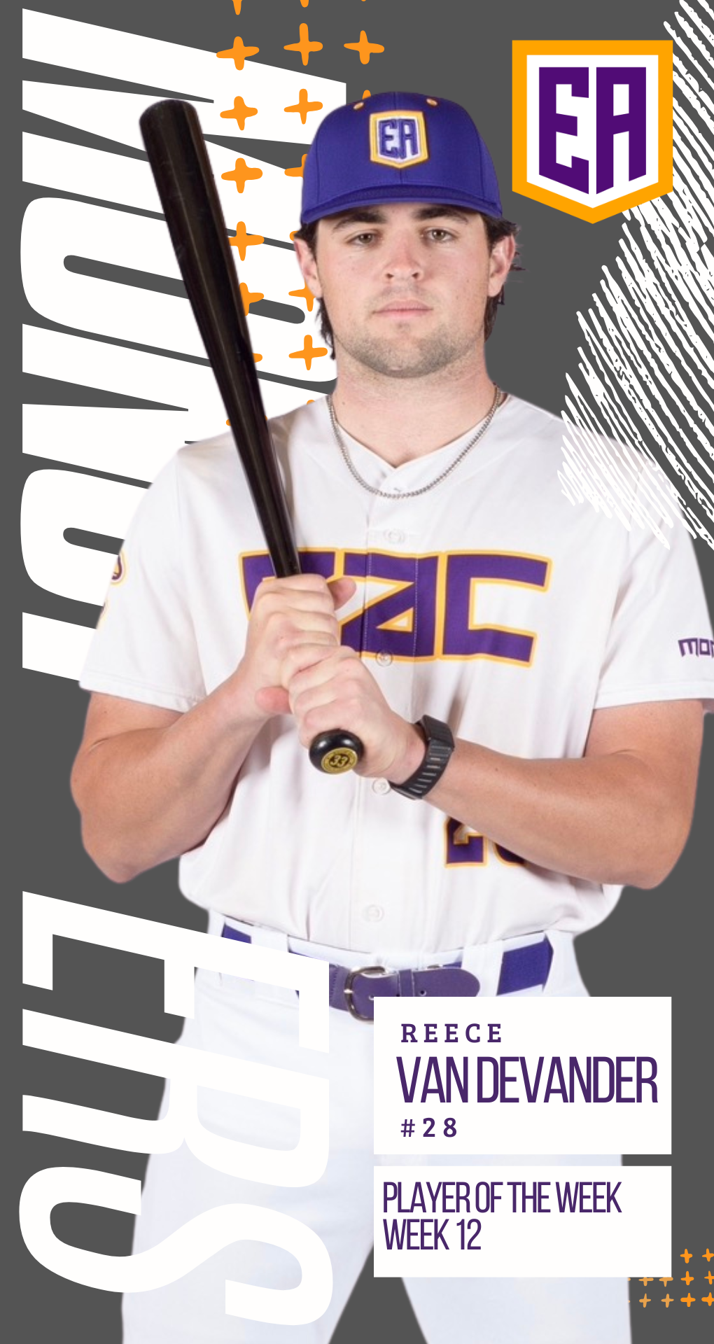 Graphic of EAC baseball player Reece Van Devander holding a baseball bat in a white EAC jersey. The graphic reads 