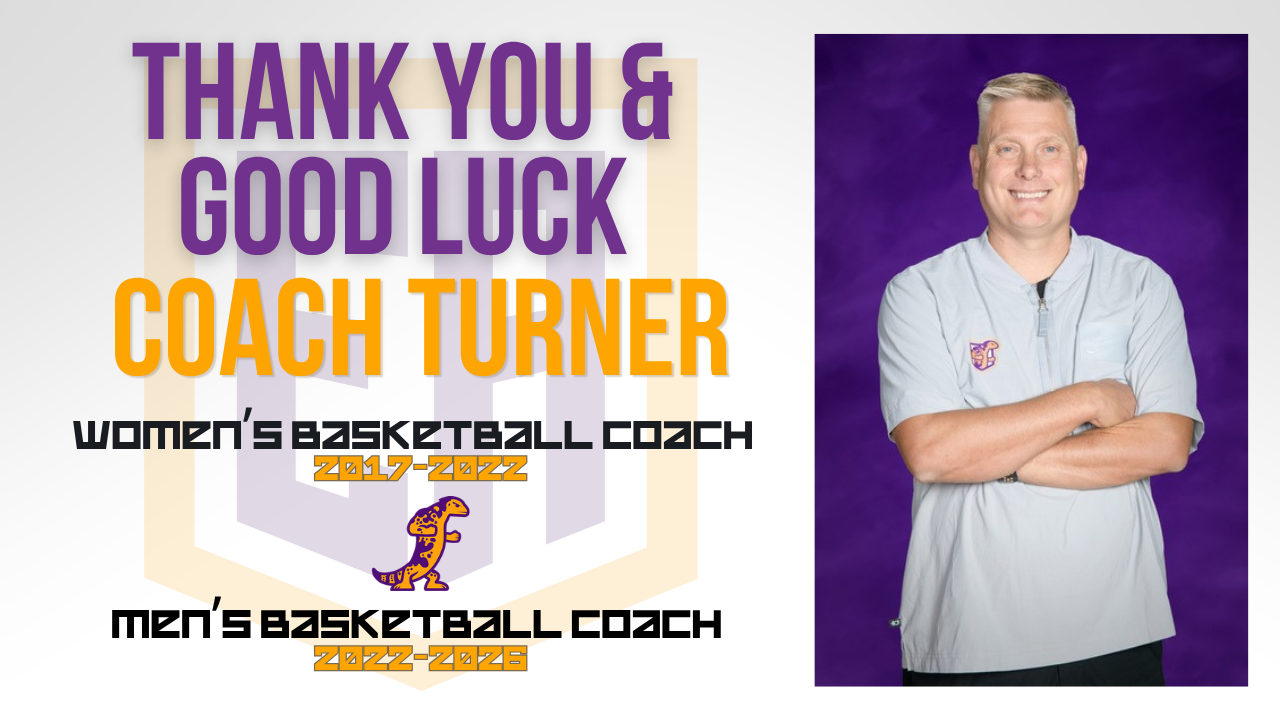 Graphic with picture of EAC Men's Basketball Coach Cameron Turner on the right and words reading 'Thank you & Good Luck Coach Turner' 'Women's basketball coach 2017-2022' 'Men's Basketball Coach 2022-2026.' With a faint EAC Shield Logo in the background and a Gila Monster mascot logo. 