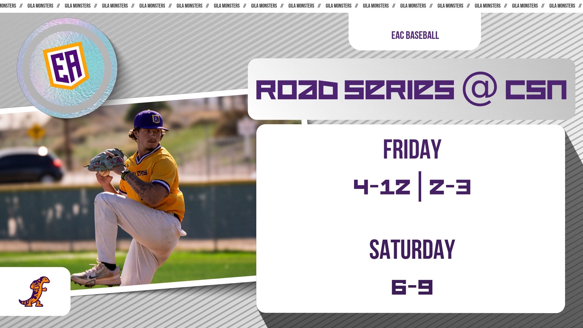A graphic for EAC Baseball’s road series at College of Southern Nevada. On the left, a Gila Monsters pitcher in a yellow jersey and purple cap is captured mid?pitch on an outdoor field. The EAC shield logo appears above him, and a small Gila Monsters mascot is in the bottom corner. On the right, bold purple text reads ‘Road Series @ CSN.’ Below it, game results are listed: ‘Friday: 4–12, 2–3’ and ‘Saturday: 6–9.’ The design uses gray, white, and purple accents throughout.